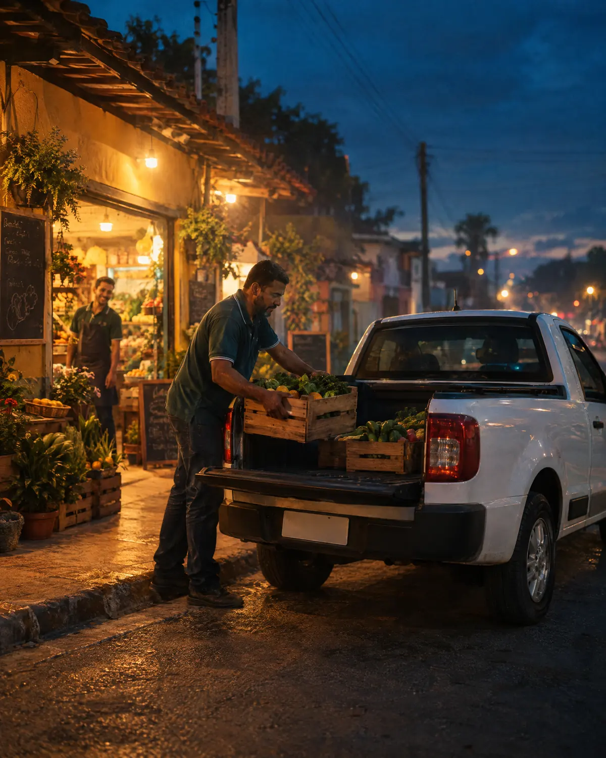 Comerciante carregando a picape na frente do seu mercado
