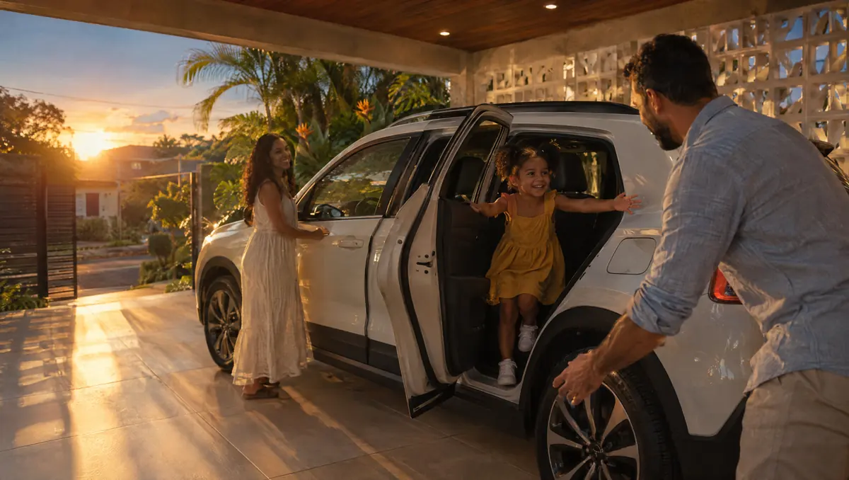 O pai abre a porta de trás do SUV branco para a filha, numa garagem com cobogó ao fim da tarde