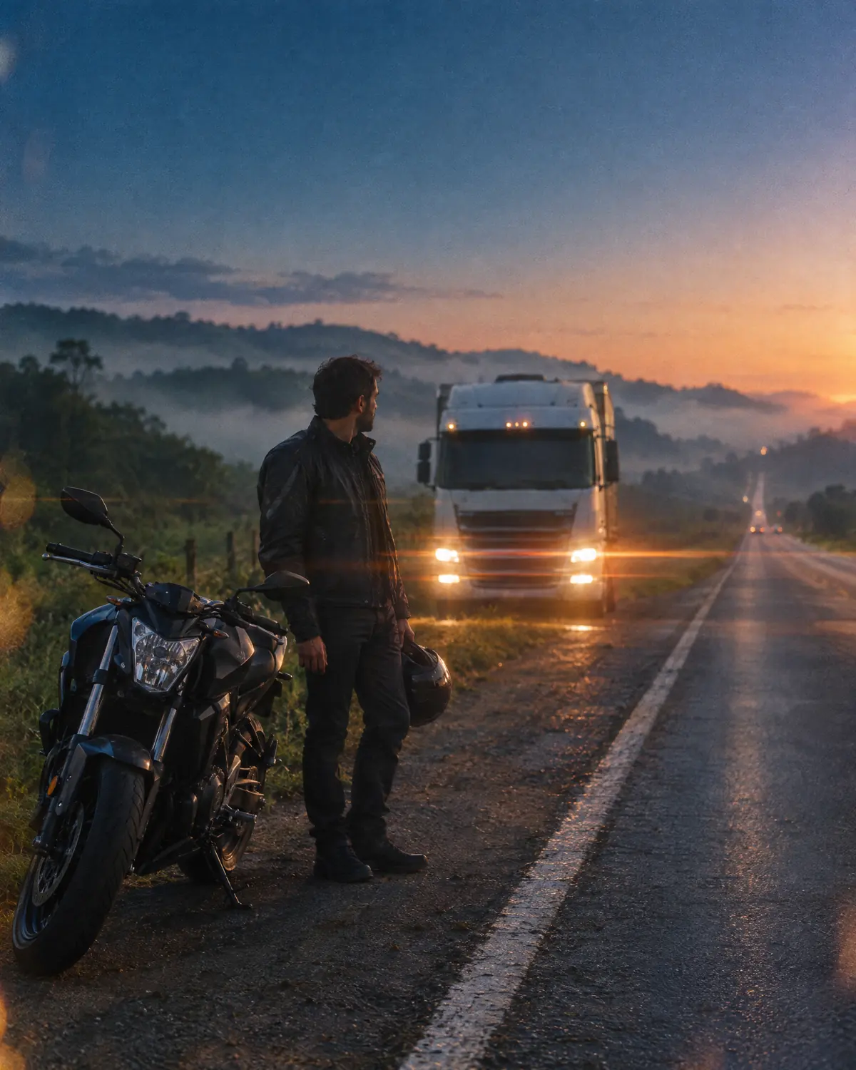 Motociclista e caminhão parados na beira da estrada ao amanhecer