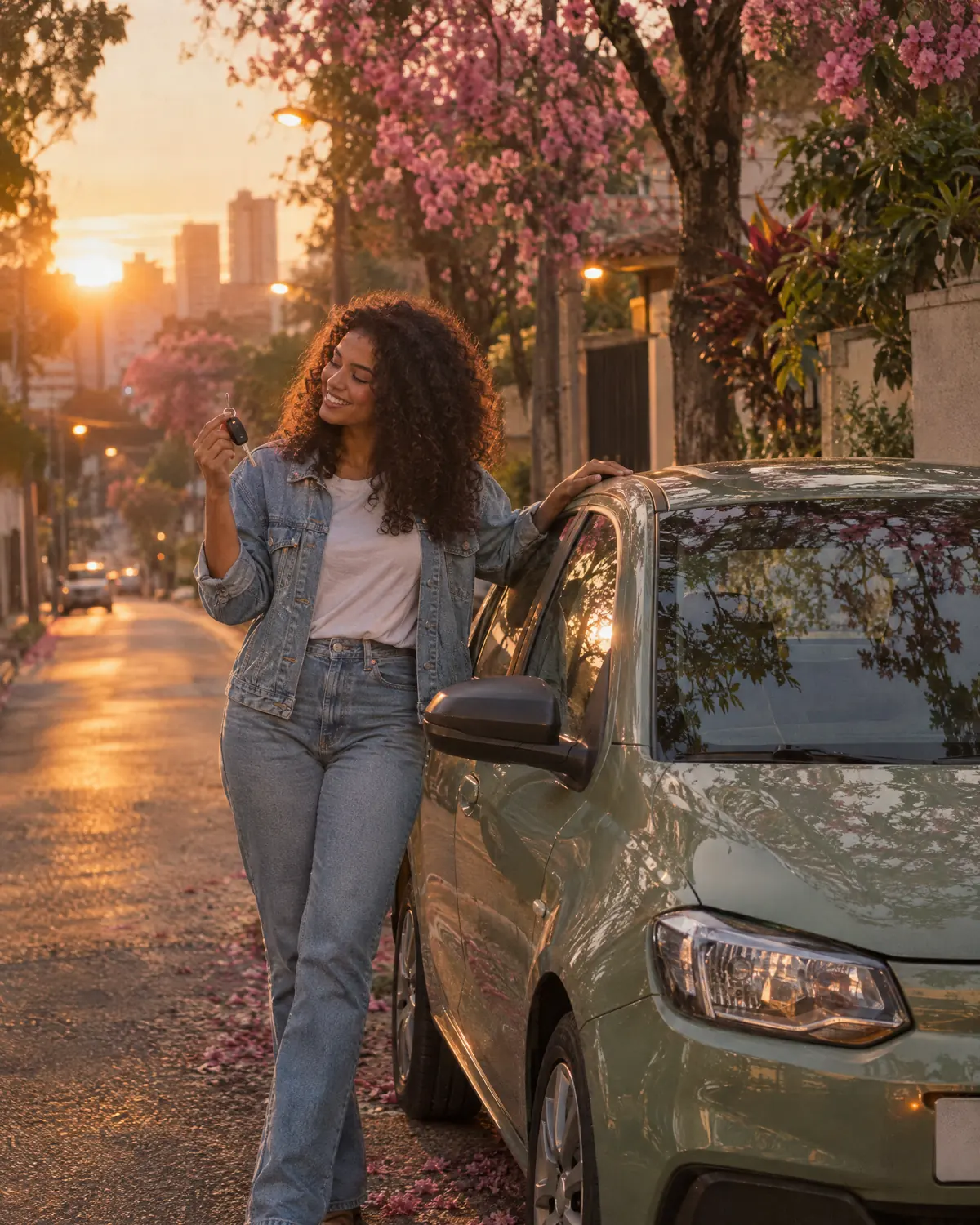 Mulher sorrindo com a chave do primeiro carro numa rua arborizada