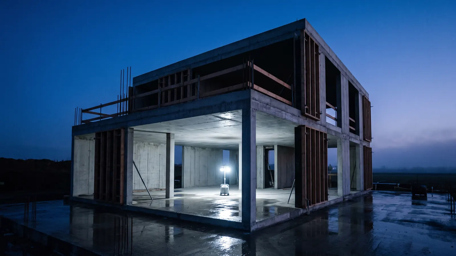 Casa em construção com estrutura de concreto ao anoitecer